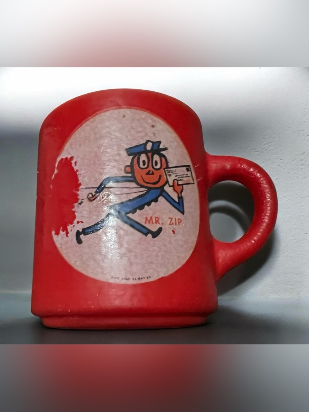 1963 Mr. Zip Postal Service Cartoon Decorated Ceramic Coffee Mug Red/ White
